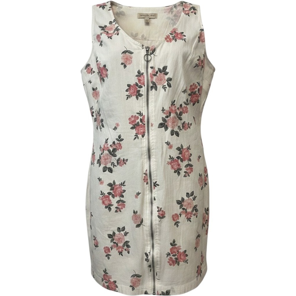 Y2K Sleeveless Cotton Mini Denim Pink Floral Cottagecore Dress Sz XL (15-17)